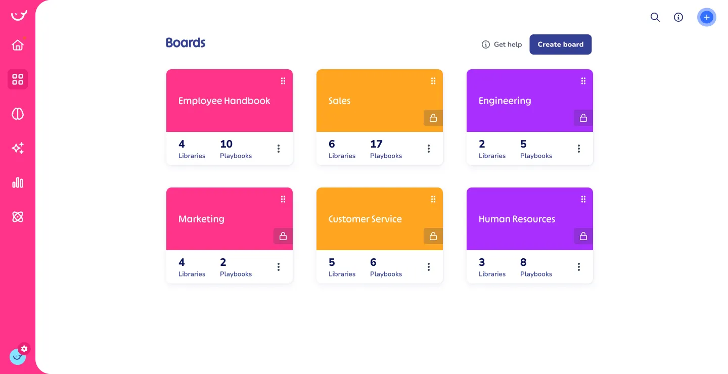 Whale boards for each team: Employee Handbook, Sales, Engineering, Marketing, Customer Service and Human Resources