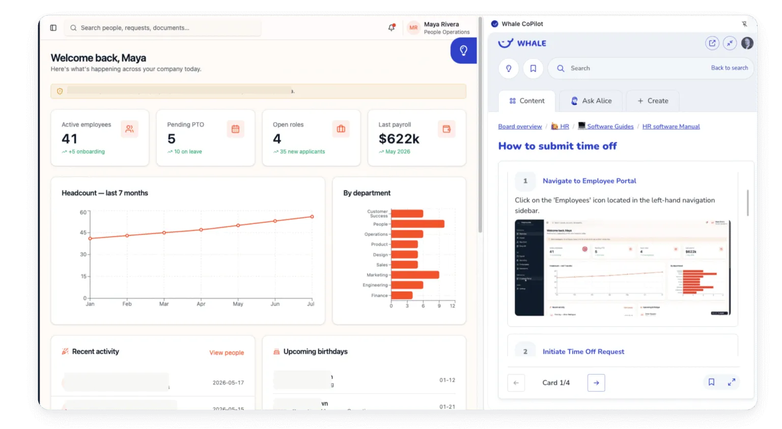 Whale CoPilot in a sidebar next to a web app dashboard