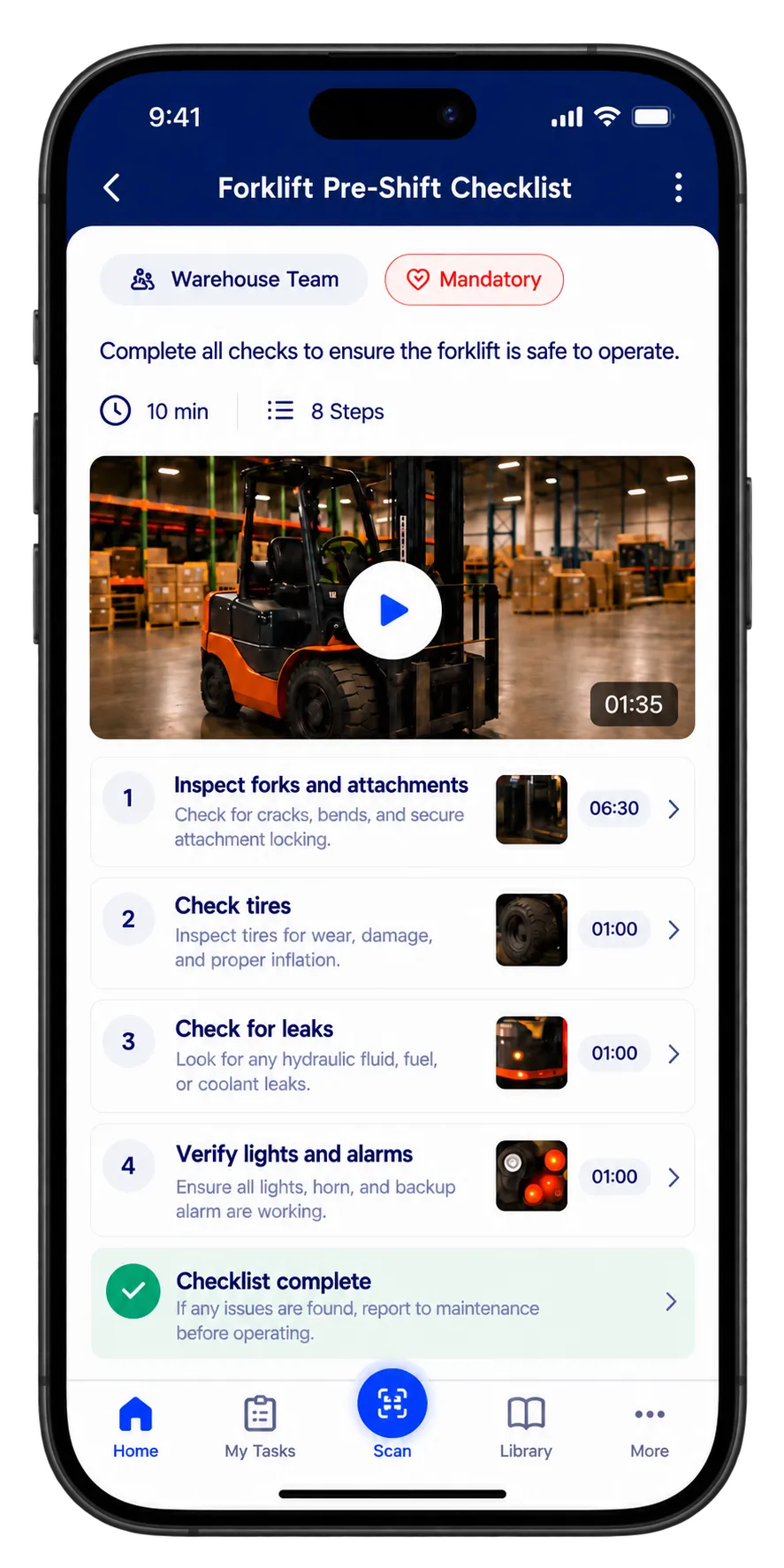 A forklift pre-shift checklist on the Whale app
