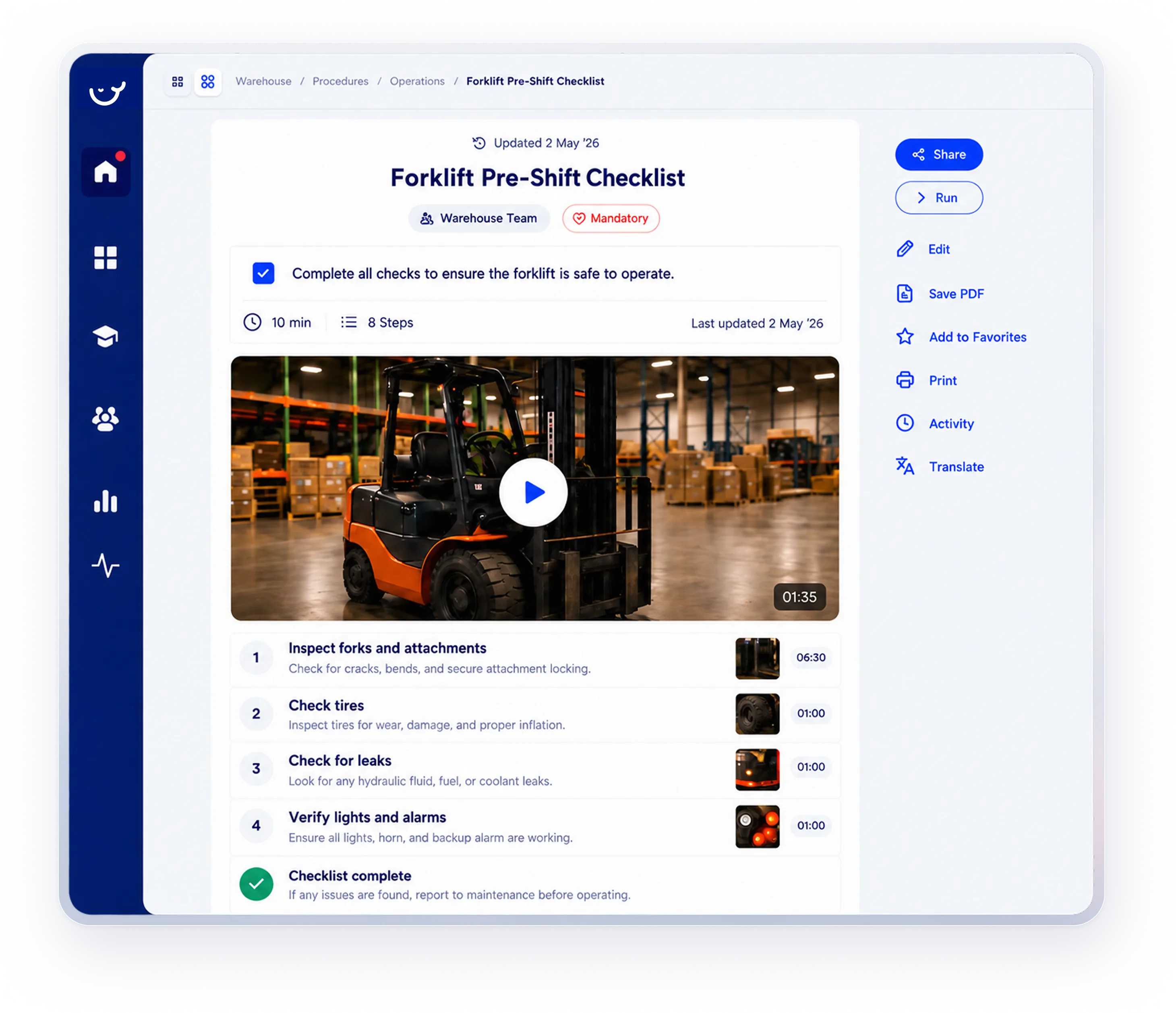 A Forklift Pre-Shift Checklist in Whale, on desktop and on the Whale app