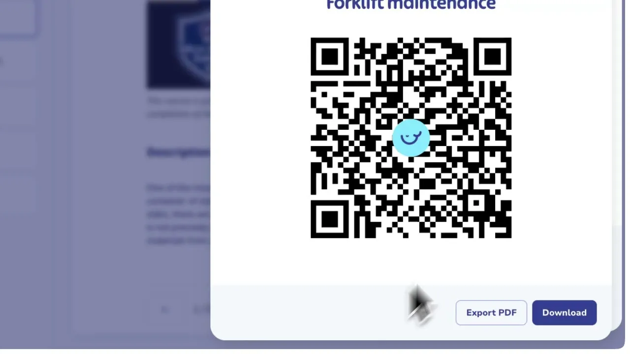 A Whale QR code for a forklift maintenance SOP, ready to export as a PDF