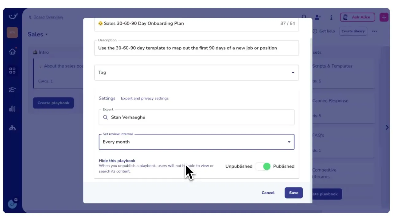 Setting an expert and a review interval on a Whale playbook