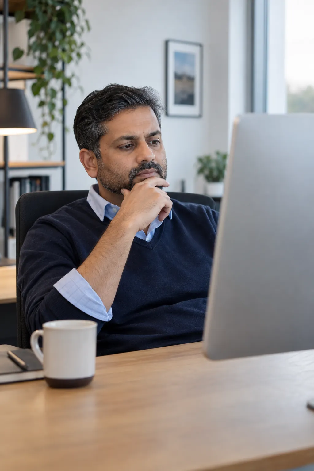 Someone at a desk reading carefully from a monitor